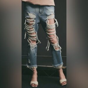 SER.O.YA-Omar Dropped Crotch Boyfriend Jeans in Color Lagos. Size 25
